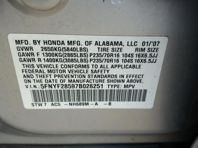 5FNYF28597B026251 - 2007 HONDA PILOT EXL SILVER photo 10