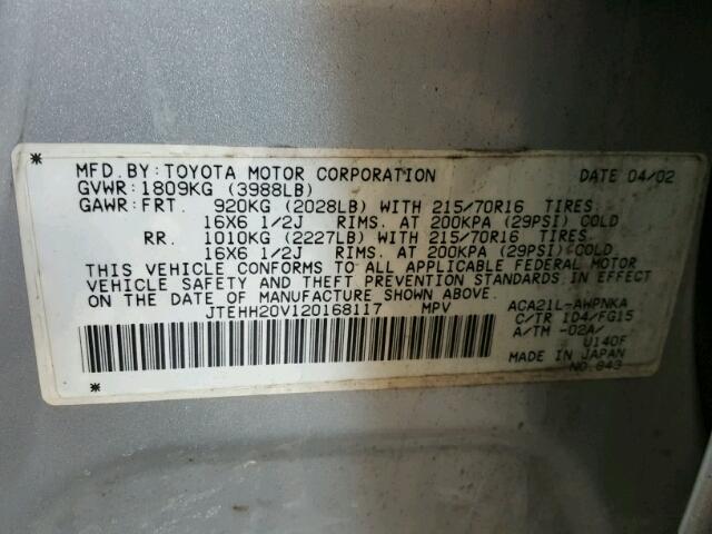 JTEHH20V120168117 - 2002 TOYOTA RAV4 SILVER photo 10