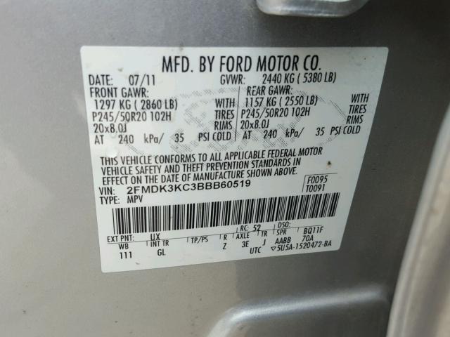 2FMDK3KC3BBB60519 - 2011 FORD EDGE LIMIT SILVER photo 10