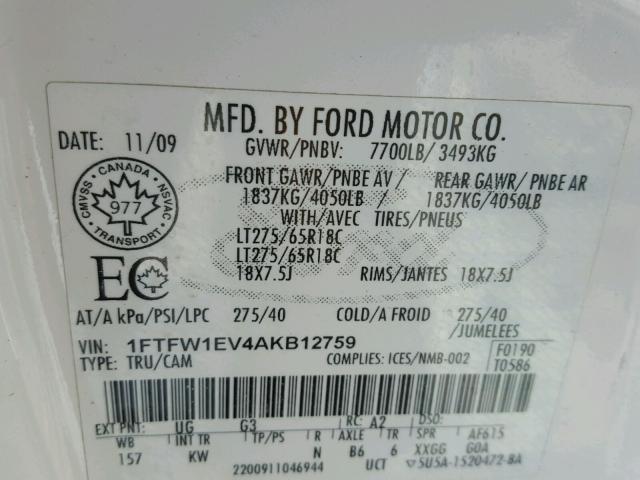 1FTFW1EV4AKB12759 - 2010 FORD F150 SUPER WHITE photo 10