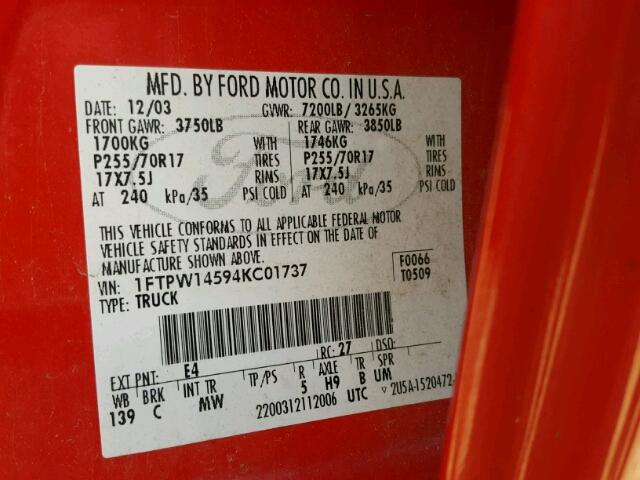 1FTPW14594KC01737 - 2004 FORD F150 SUPER RED photo 10