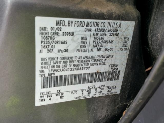 1FMCU04132KB65709 - 2002 FORD ESCAPE XLT GRAY photo 10