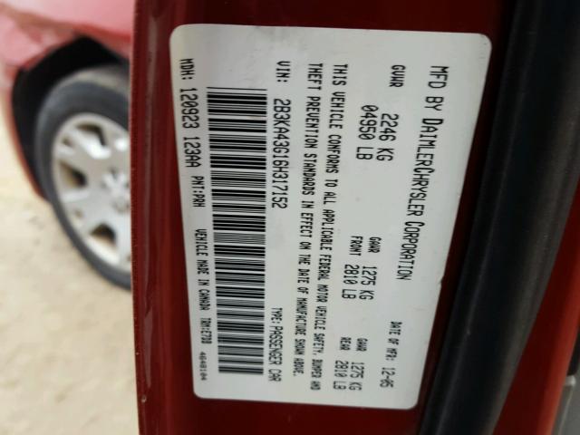 2B3KA43G16H317152 - 2006 DODGE CHARGER SE RED photo 10