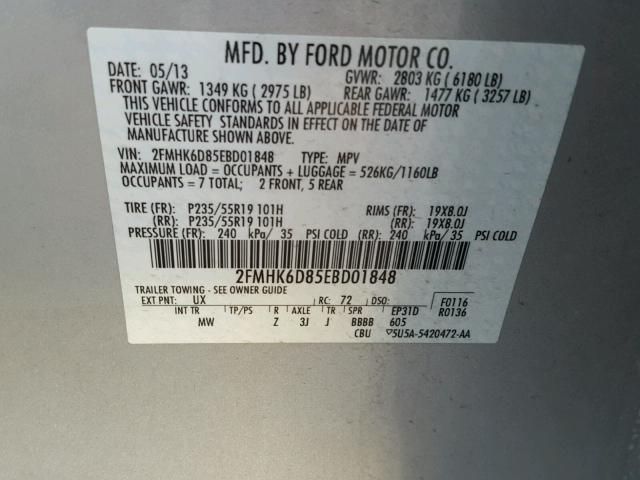 2FMHK6D85EBD01848 - 2014 FORD FLEX LIMIT SILVER photo 10