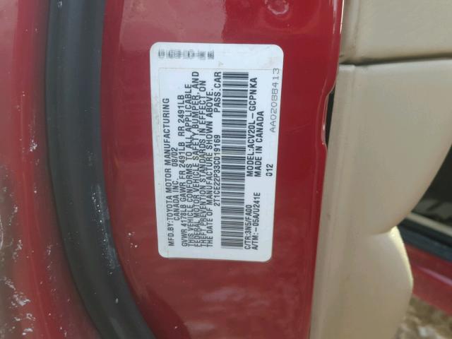 2T1CE22P33C019169 - 2003 TOYOTA CAMRY SOLA RED photo 10