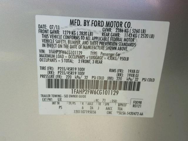 1FAHP2FW6CG101129 - 2012 FORD TAURUS LIM SILVER photo 10