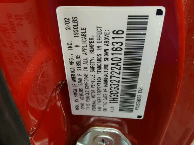 1HGCG32722A016316 - 2002 HONDA ACCORD EX RED photo 10