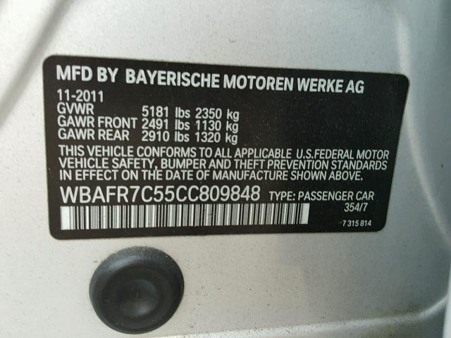 WBAFR7C55CC809848 - 2012 BMW 535 I SILVER photo 10