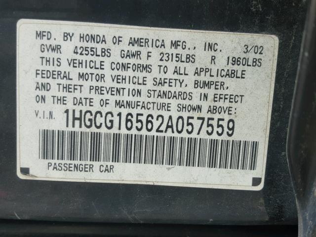 1HGCG16562A057559 - 2002 HONDA ACCORD EX BLACK photo 10