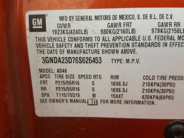 3GNDA23D76S626453 - 2006 CHEVROLET HHR LT ORANGE photo 10