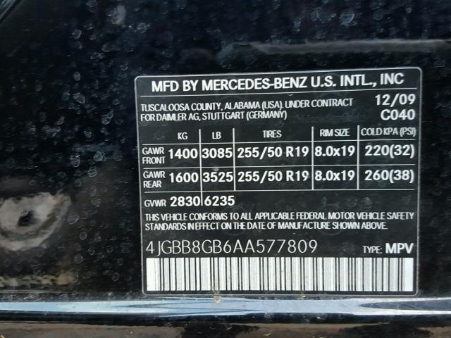 4JGBB8GB6AA577809 - 2010 MERCEDES-BENZ ML 350 4MA BLACK photo 10