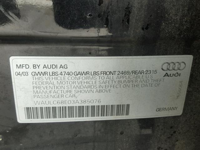 WAULC68E03A385076 - 2003 AUDI A4 1.8T QU BLACK photo 10