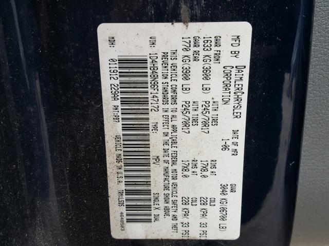 1D4HB48N96F147172 - 2006 DODGE DURANGO SL BLUE photo 10