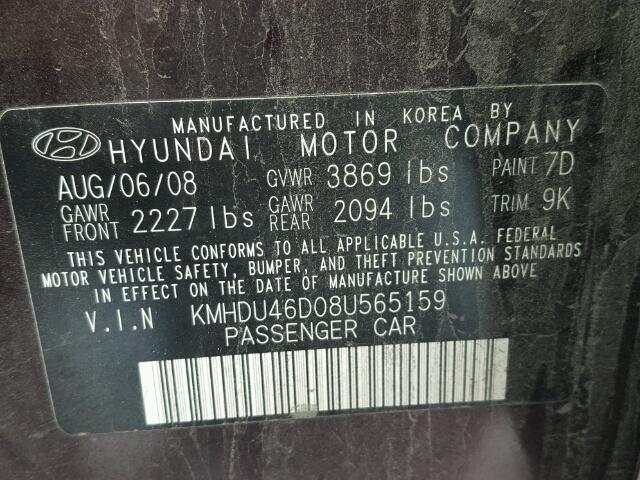 KMHDU46D08U565159 - 2008 HYUNDAI ELANTRA GL PURPLE photo 10