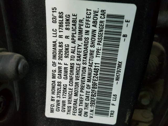 19XFB2F89FE244811 - 2015 HONDA CIVIC EX გრაფიტი ფოტო 10