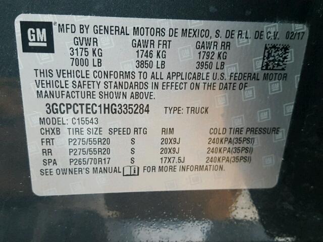 3GCPCTEC1HG335284 - 2017 CHEVROLET SILVERADO CHARCOAL photo 10