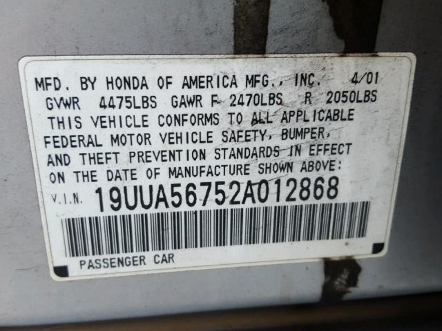 19UUA56752A012868 - 2002 ACURA 3.2TL SILVER photo 10