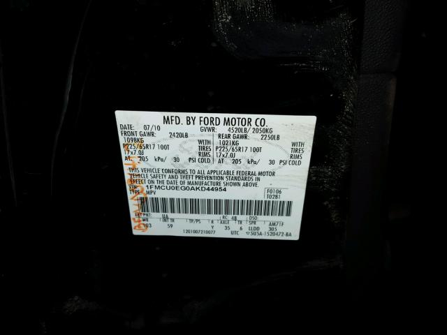 1FMCU0EG0AKD44954 - 2010 FORD ESCAPE LIM BLACK photo 10