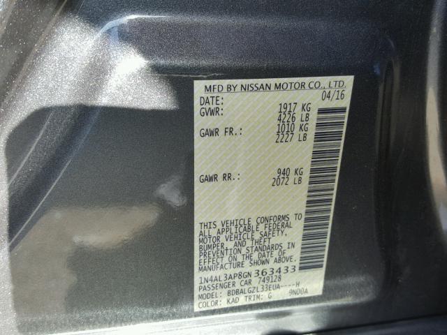 1N4AL3AP8GN363433 - 2016 NISSAN ALTIMA 2.5 GRAY photo 10