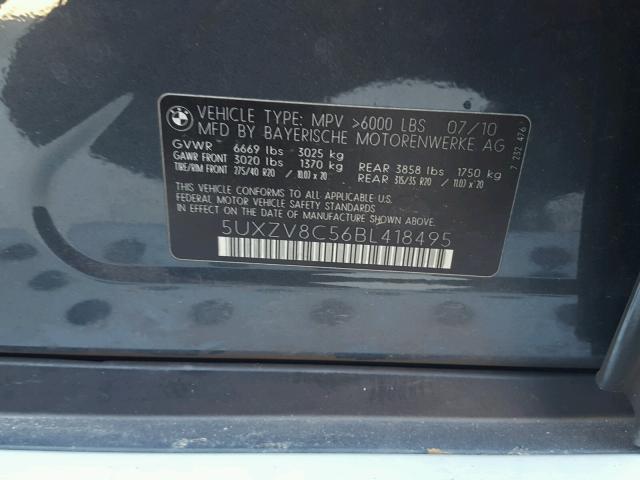 5UXZV8C56BL418495 - 2011 BMW X5 XDRIVE5 ნაცრისფერი ფოტო 10