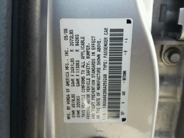 19UUA66286A056248 - 2006 ACURA 3.2TL SILVER photo 10