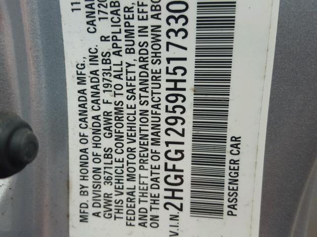 2HGFG12959H517330 - 2009 HONDA CIVIC EXL SILVER photo 10