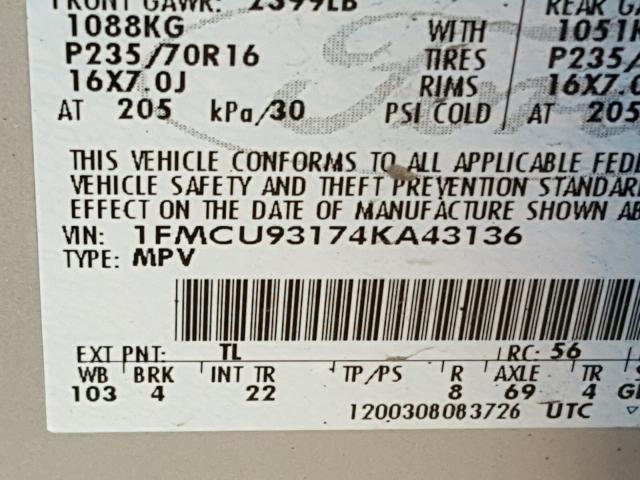 1FMCU93174KA43136 - 2004 FORD ESCAPE XLT SILVER photo 10