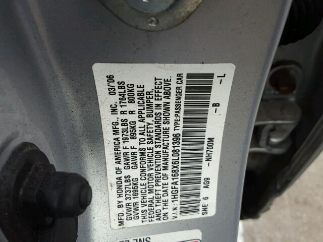 1HGFA168X6L081396 - 2006 HONDA CIVIC EX 银色 照片 10