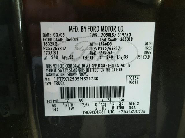 1FTPX12505NB21730 - 2005 FORD F150 GRAY photo 10