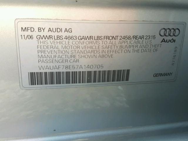 WAUAF78E57A140705 - 2007 AUDI A4 2 SILVER photo 10