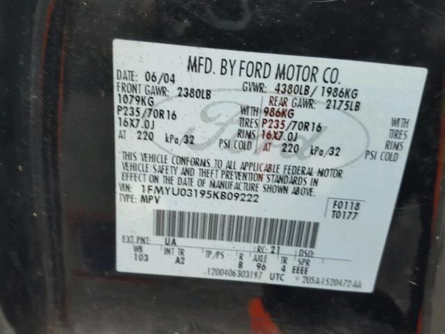 1FMYU03195KB09222 - 2005 FORD ESCAPE XLT BLACK photo 10