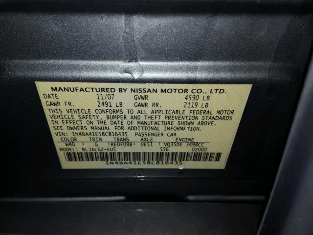 1N4BA41E58C816435 - 2008 NISSAN MAXIMA SE GRAY photo 10