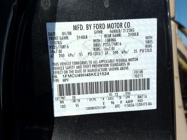 1FMCU49H48KE21524 - 2008 FORD ESCAPE HEV CHARCOAL photo 10