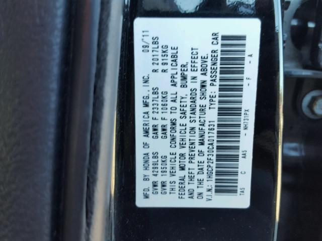 1HGCP2F30CA017631 - 2012 HONDA ACCORD LX BLACK photo 10