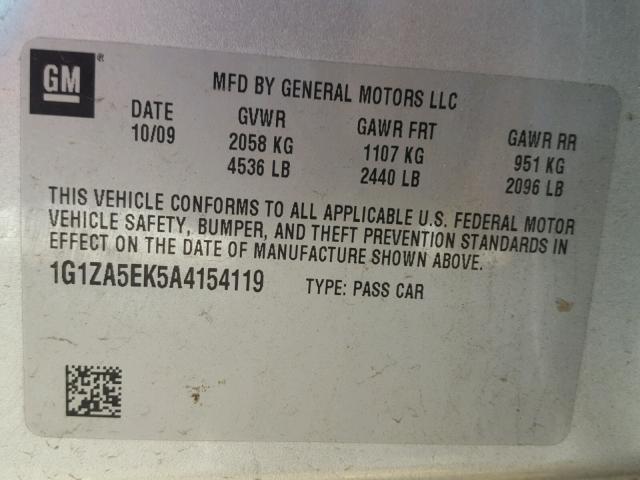 1G1ZA5EK5A4154119 - 2010 CHEVROLET MALIBU LS ვერცხლისფერი ფოტო 10