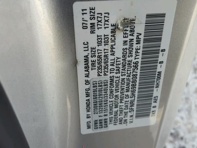 5FNRL5H69BB087566 - 2011 HONDA ODYSSEY EX SILVER photo 10