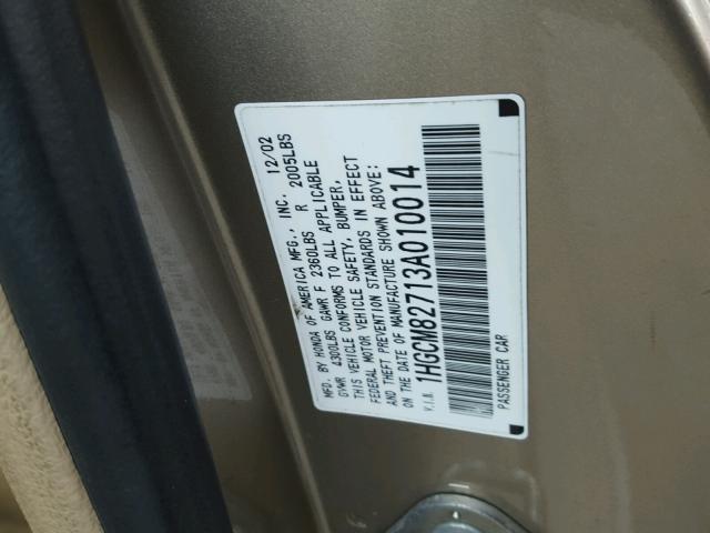 1HGCM82713A010014 - 2003 HONDA ACCORD EX GOLD photo 10