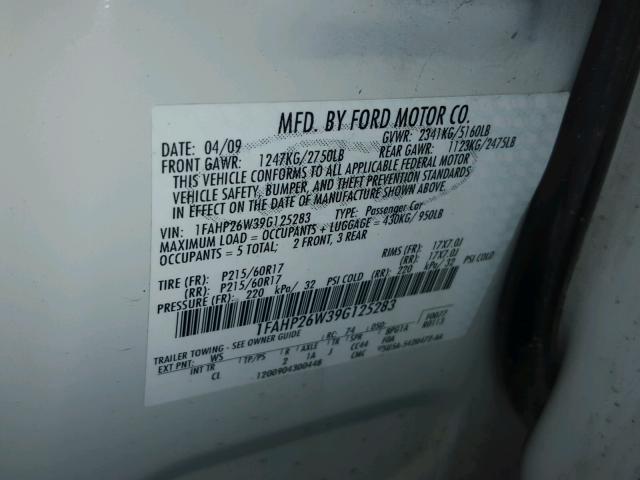 1FAHP26W39G125283 - 2009 FORD TAURUS SE CREAM photo 10