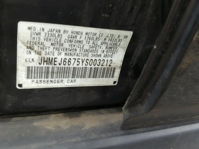 JHMEJ6675YS003212 - 2000 HONDA CIVIC LX BLACK photo 10