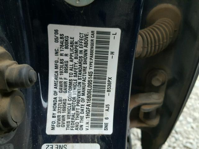 1HGFA16806L095145 - 2006 HONDA CIVIC EX BLUE photo 10