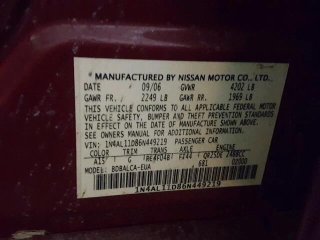 1N4AL11D86N449219 - 2006 NISSAN ALTIMA S RED photo 10