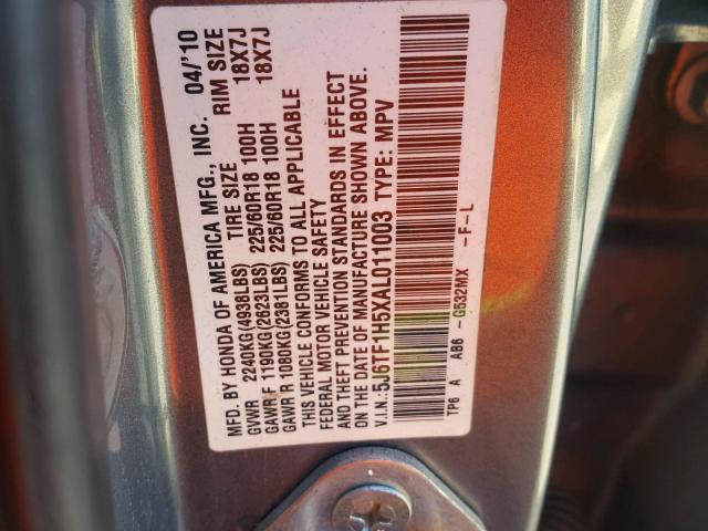 5J6TF1H5XAL011003 - 2010 HONDA ACCORD CRO GRAY photo 10