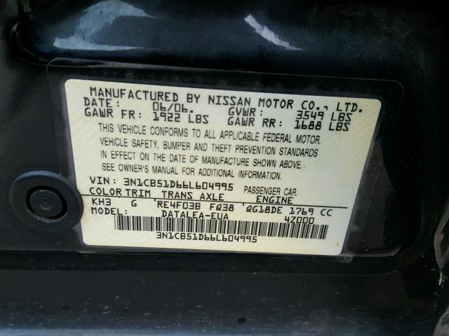 3N1CB51D66L604995 - 2006 NISSAN SENTRA 1.8 BLACK photo 10