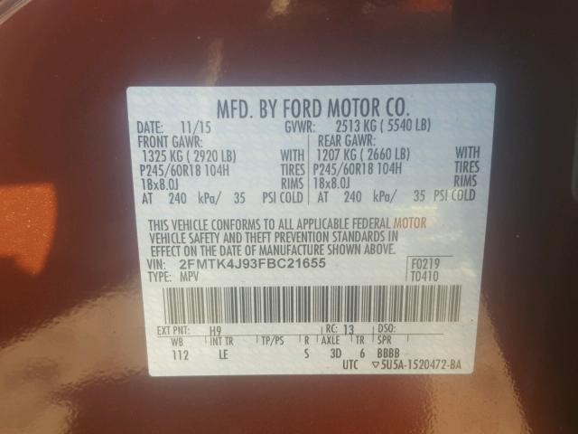 2FMTK4J93FBC21655 - 2015 FORD EDGE SEL ORANGE photo 10