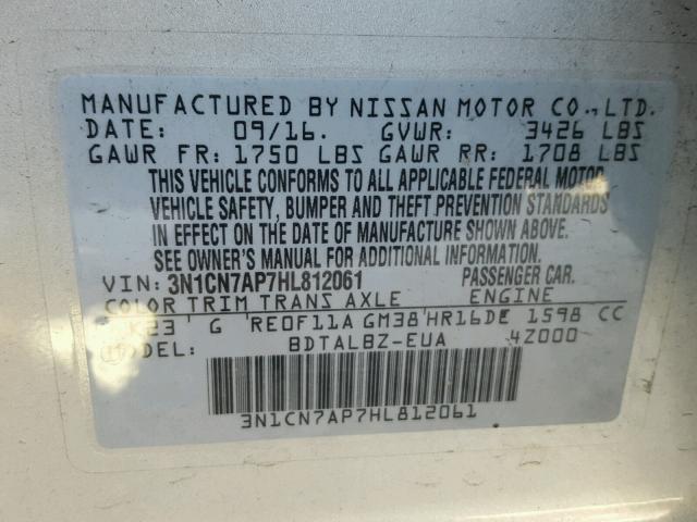 3N1CN7AP7HL812061 - 2017 NISSAN VERSA S SILVER photo 10