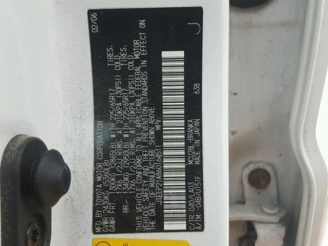 JTEEP21A860164511 - 2006 TOYOTA HIGHLANDER WHITE photo 10