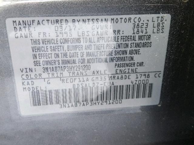 3N1AB7AP3HY291200 - 2017 NISSAN SENTRA S GRAY photo 10