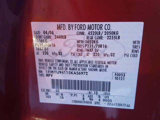 1FMYU94115KA56972 - 2005 FORD ESCAPE LIM RED photo 10