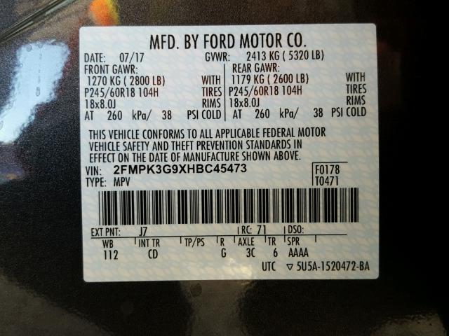 2FMPK3G9XHBC45473 - 2017 FORD EDGE SE GRAY photo 10