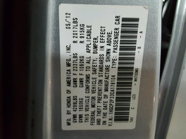 1HGCP2F33CA178104 - 2012 HONDA ACCORD LX SILVER photo 10